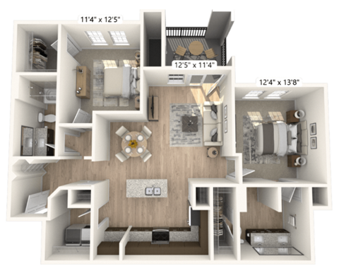 A 3D floor plan of a house with dimensions and room layout.